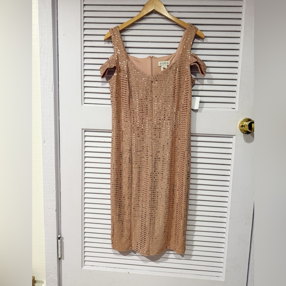 Enfocus Studio Blush Tan Metallic Rose Gold Stripe Sequin Cold Shoulder Dress 10